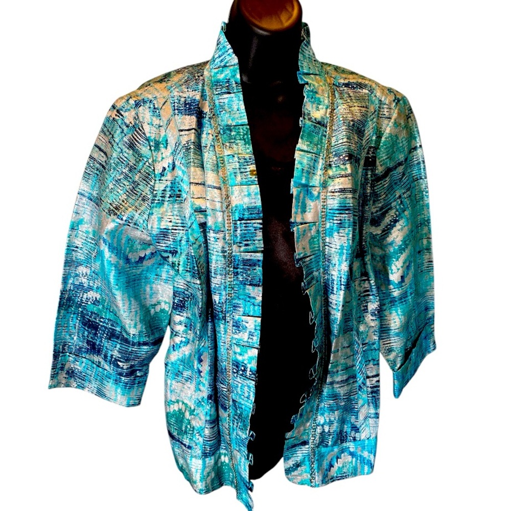NWT Chicos Watercolor Aqua Blue Freeda Pattern Maui Blue jacket size 2